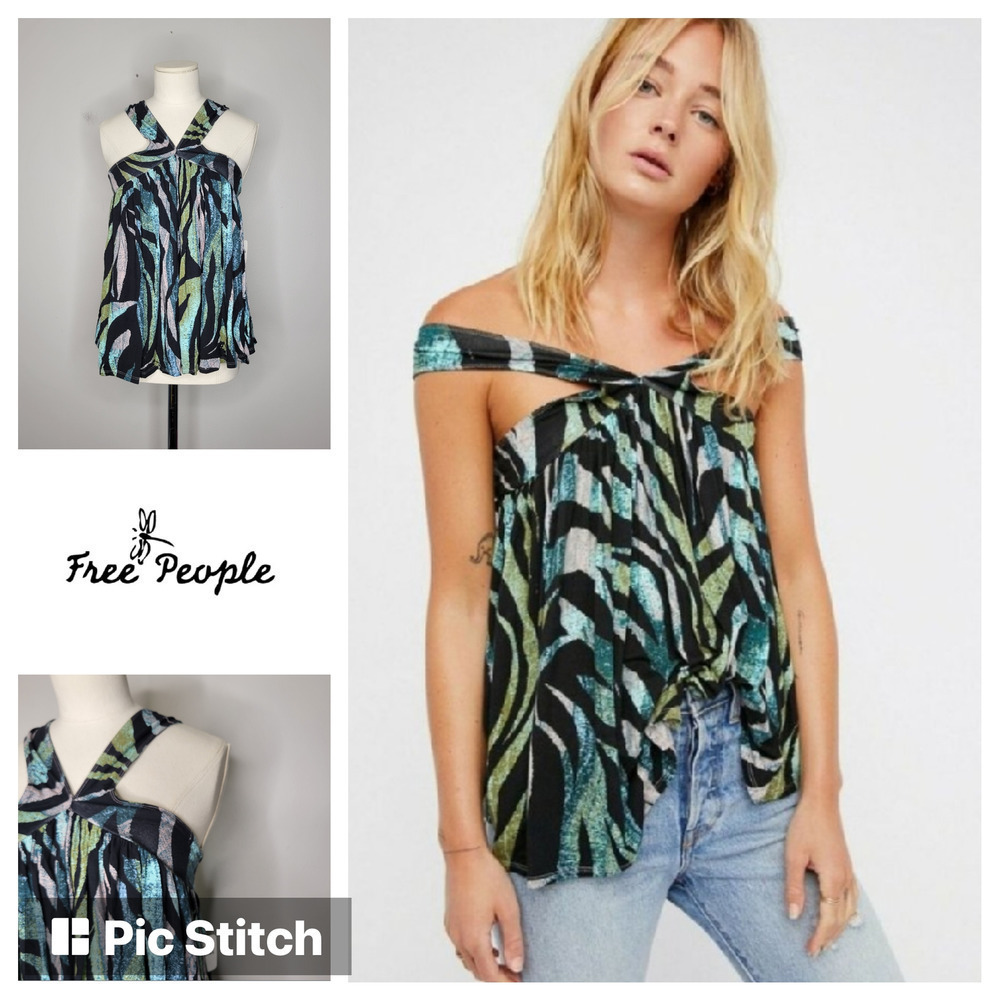 Free People Multicolor Zebra Print Halter Neck Tie Front Tank Top Women XS
